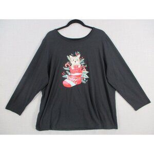 Woman Within Black Long Sleeve Christmas‎ Cat Graphic Top 1X Cotton Blend